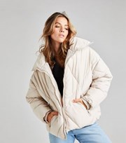 Urban Bliss Stone Quilted High Neck Crop Oversized Puffer Coat